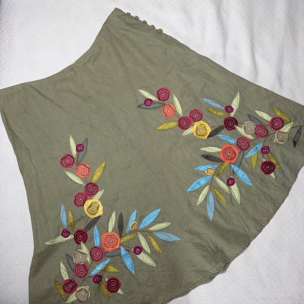 J. Jill Womens 12 Linen Embroidered A-Line Skirt Olive Green Boho Floral Gypsy